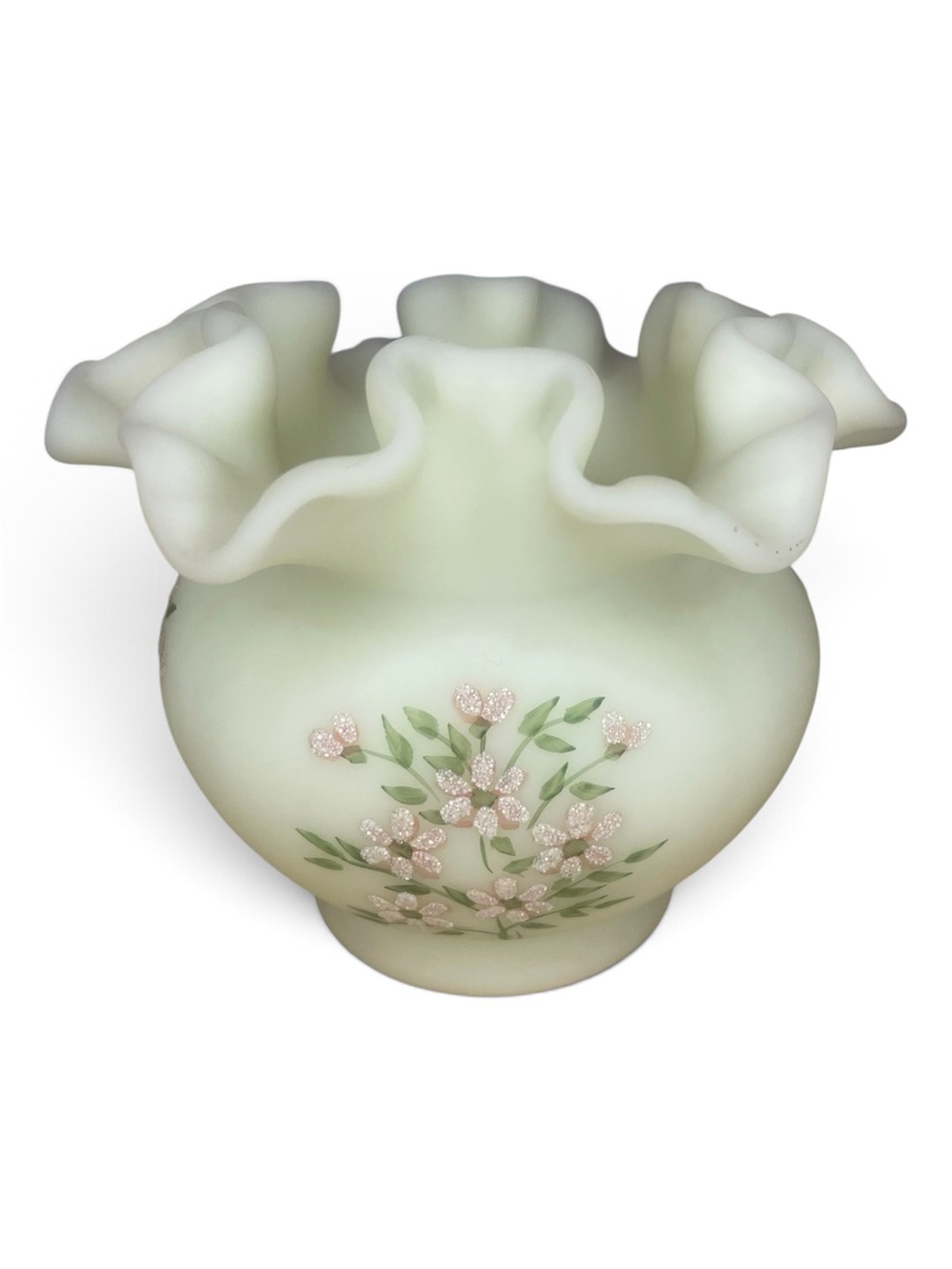 Fenton Pale Green Ruffled Satin Glass Vase with Pink Floral Sprays
